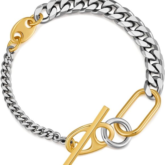 Two Tone Link Chain Bracelet Unisex Gold Silver Thick Chunky Cuban Chain - Picture 1 of 8